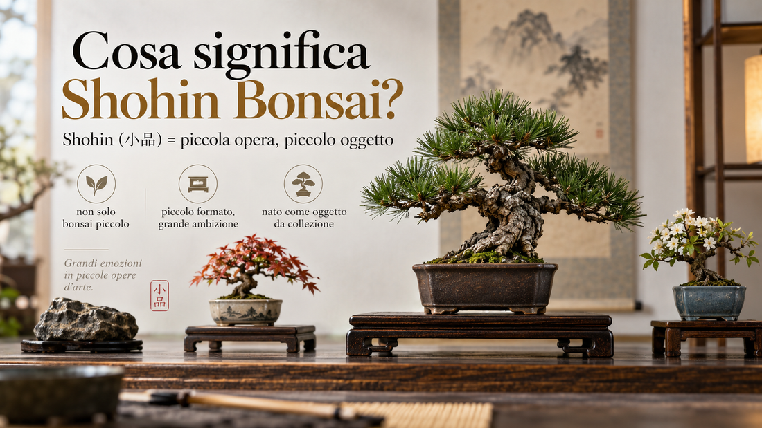 Shohin bonsai esposti come piccole opere da collezione, con pino nero giapponese, acero e bonsai fiorito.