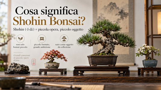 Shohin bonsai esposti come piccole opere da collezione, con pino nero giapponese, acero e bonsai fiorito.